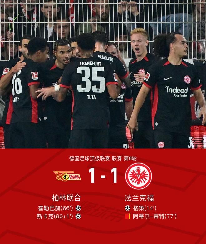 柏林聯(lián)合VS法蘭克福1-1，格策領(lǐng)先霍勒巴赫平，蒂特紅牌