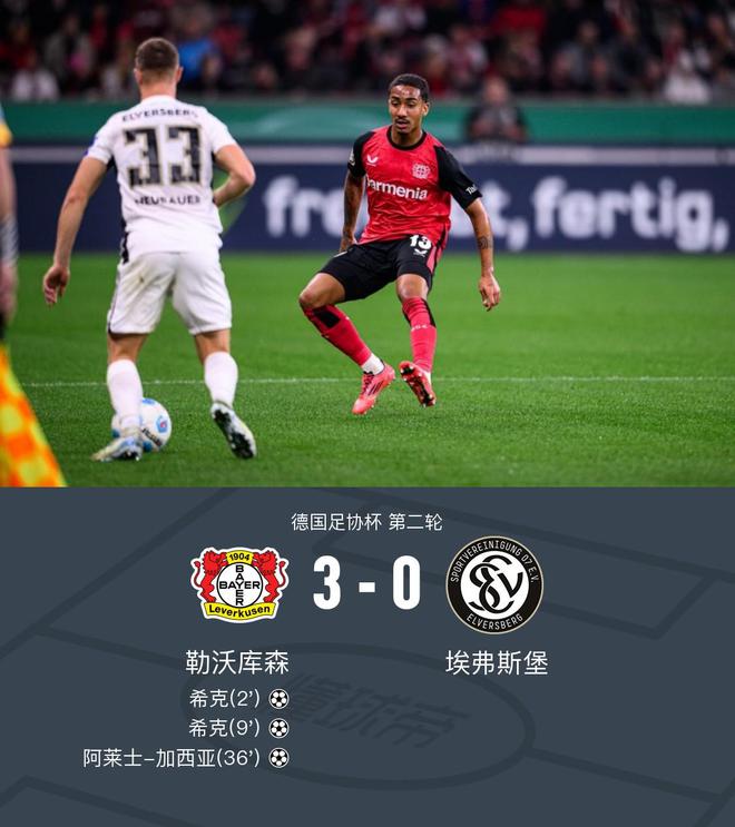 勒沃庫(kù)森3-0埃弗斯堡，希克雙響，加西亞世界波。